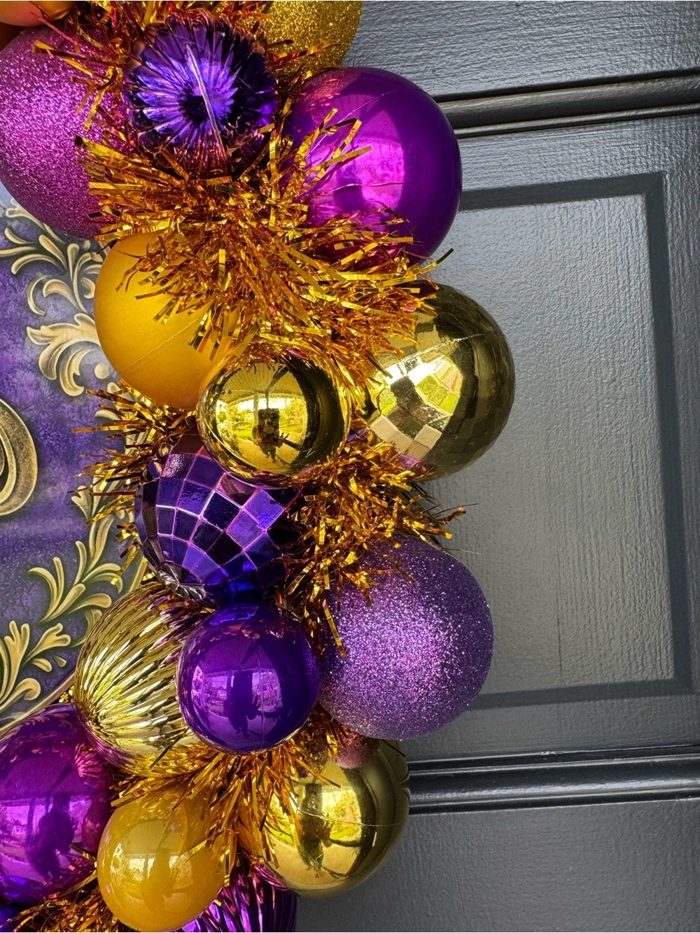 Festive Fleur-de-Lis Holiday Wreath in Purple, Gold & Black